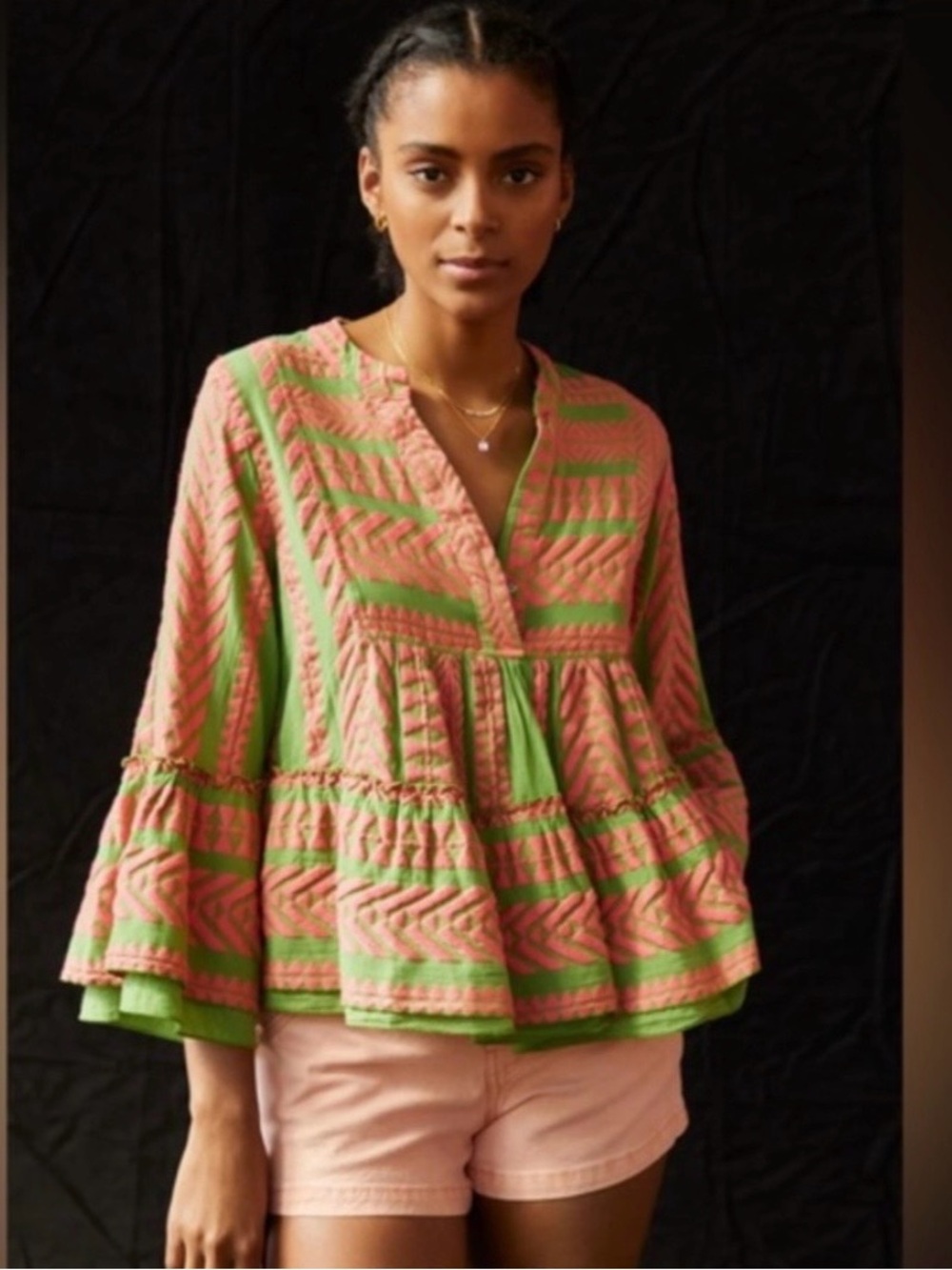 Devotion Twins Anthropologie Armonia Boho Bell Sleeve Green Pink Blouse M